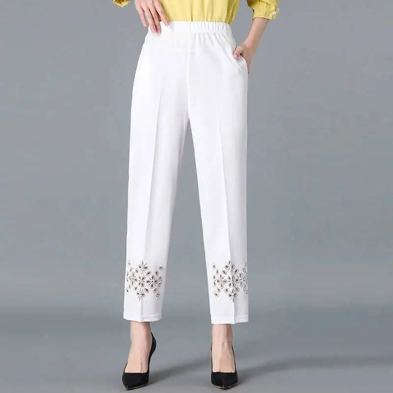 2025 Spring Summer Cropped Pants For Women Hollow Out Pantalon Femme Casual Solid Color High Waist Straight Trousers
