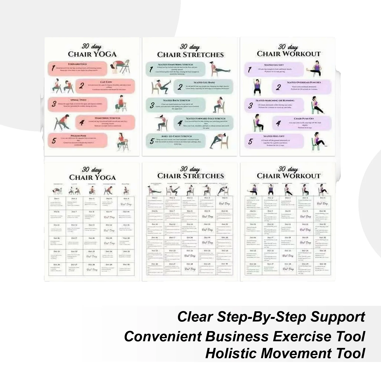 

Chair Yoga Chart 6 Pieces 30-Day Workouts Supplies Seniors Chair Workouts For Travel Morning Working Family Friends Sports
