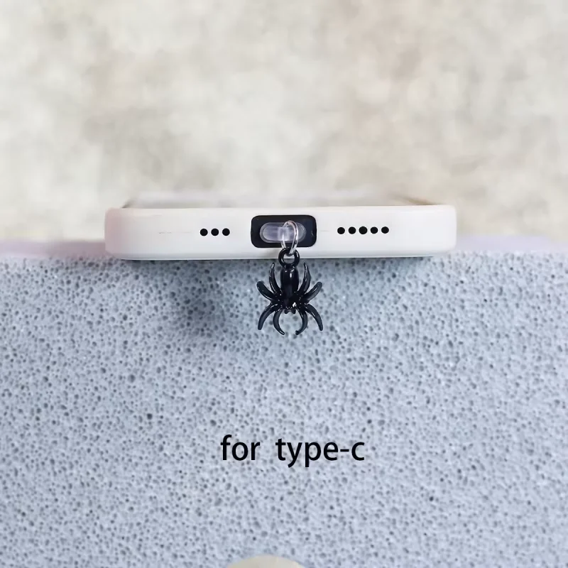 Phone dush Accessories Decorative Spider Black and Antique Silver Trick Phone Dust Ornament for iPhone For Samsung Type-C