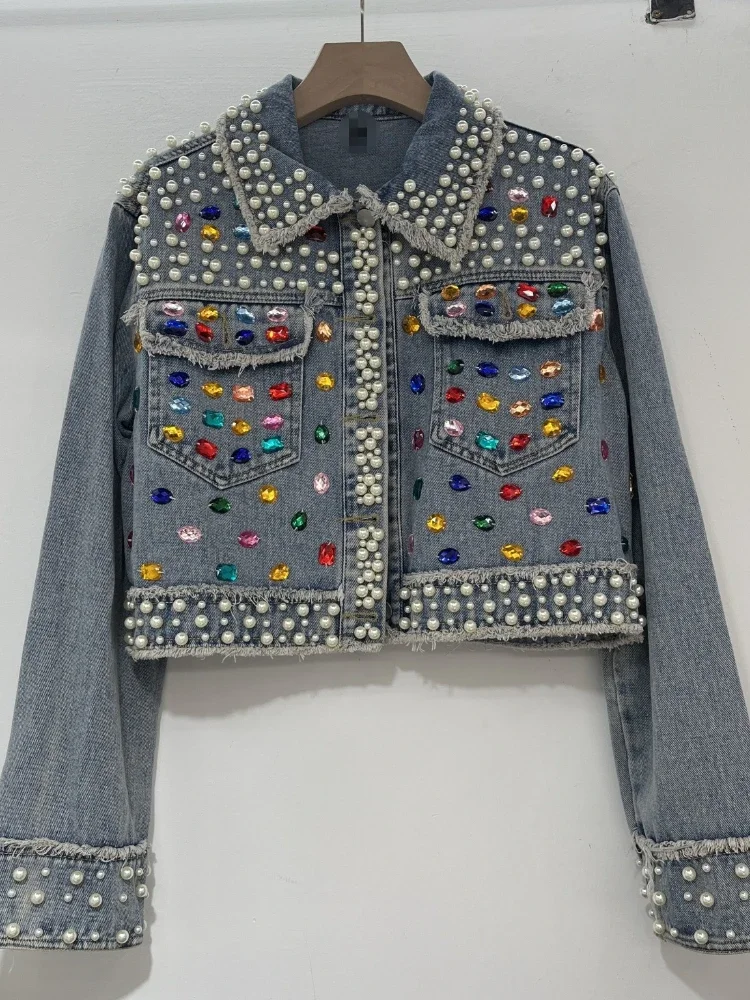 Women Denim Coats Turn Down Collar Jackets Pearls Beaded Frayed Full Sleeve Y2k Streetwear Casual Jacket 2026 Spring