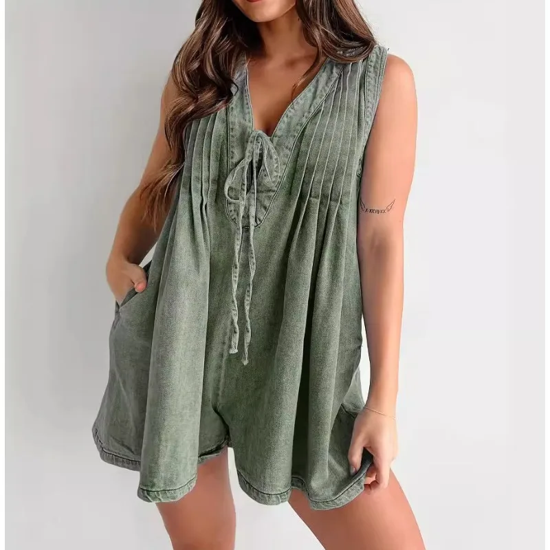 

2025 Summer New Street Trendy Women's Sleeveless Denim Short Jumpsuit Temperament Commuting Female Fashion Loose Waist Romper