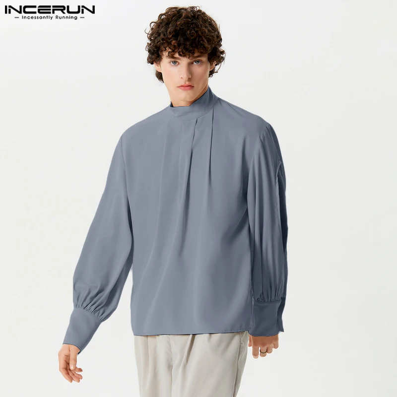 Handsome Well Fitting Tops INCERUN New Men\'s Pleated Hollow Half High Collar Shirts Stylish Male Solid Long Sleeved Blouse S-5XL