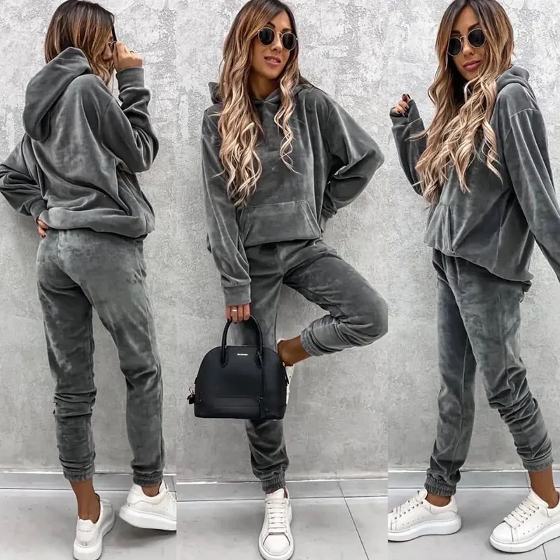 Women Sweatshirts Two Pieces Pant Sets Hooded Pocket Top Pullover Pencil Pants Thick Spliced Solid Casual Sporty Suits