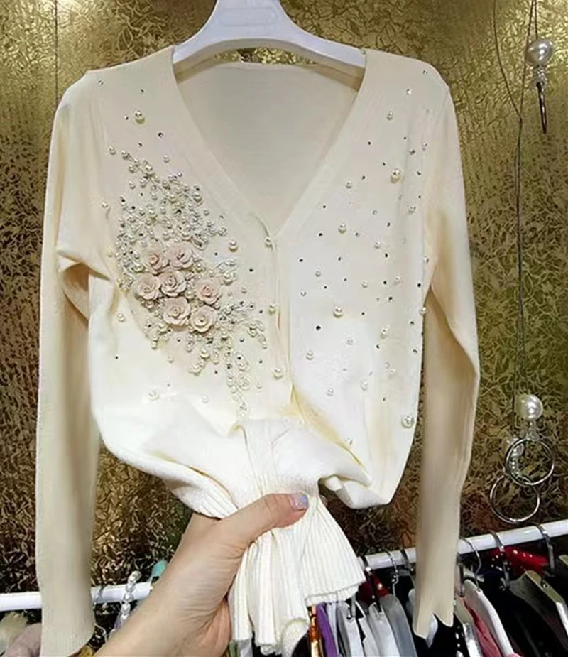 Spring Autumn 2024 Luxury Sparking Beaded Knitted Cardigan Women Heavy Industry Pearl 3D Flower Sweater Outwear Coat Top