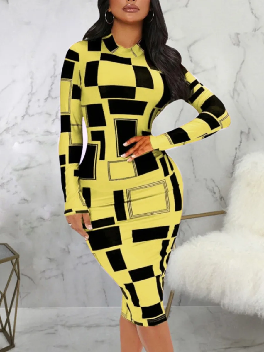 LW SXY Geometric Print Patchwork Bodycon Dress Summer Mock Neck Body-shaping Long Sleeve Stretchy Mid Calf Dresses for Women