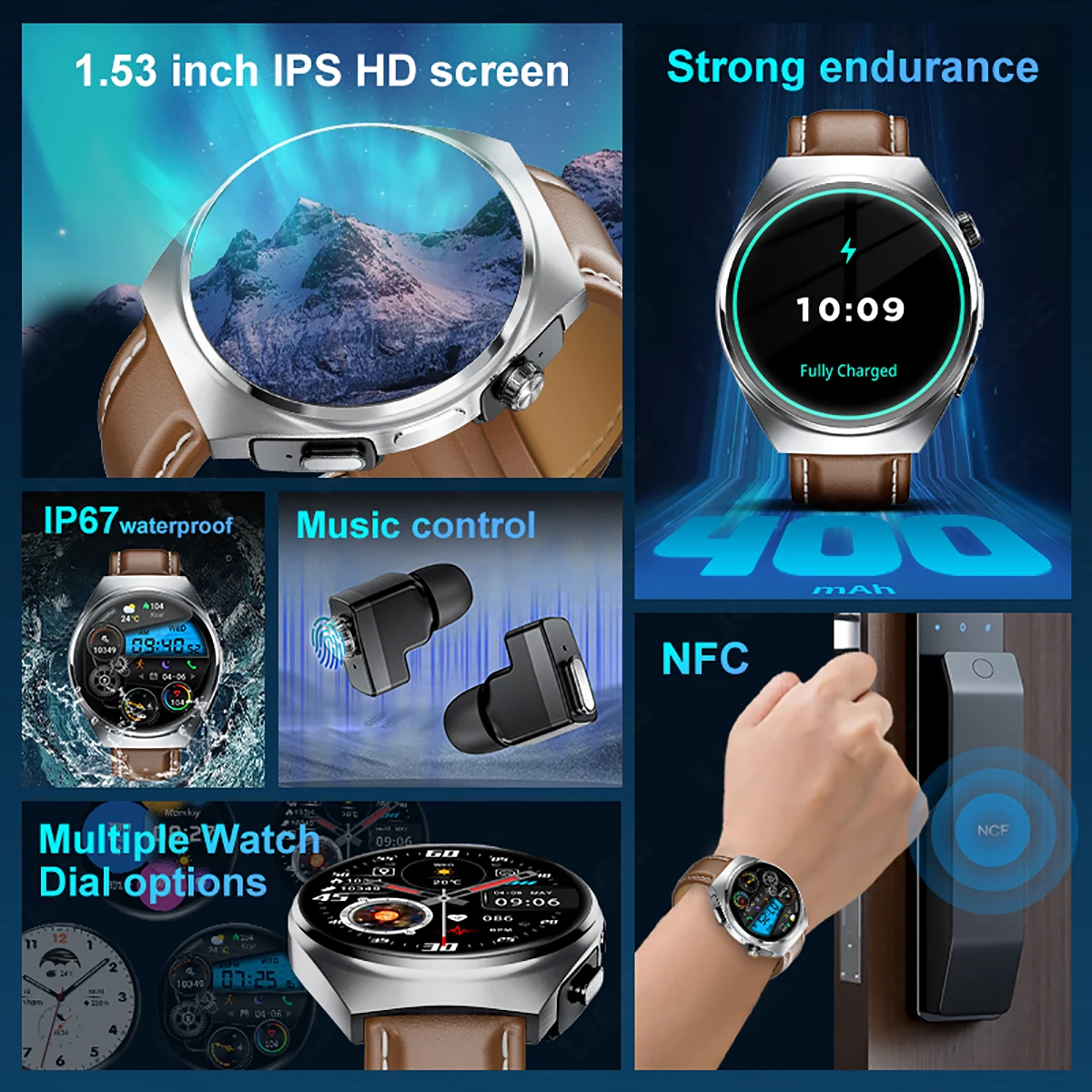 LIGE NFC TWS Smart Watch Mężczyźni 2 w 1 Słuchawki douszne Bluetooth Połączenie Muzyka Słuchawki Zegarki Tętno Sport Fitness Smartwatch 2025 Nowość