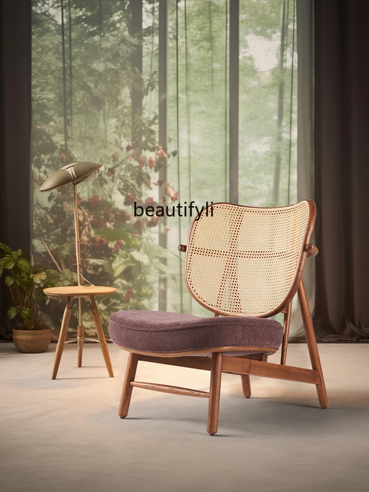 Retro Style Solid Wood Rattan Armchair Living Room Balcony High Sense Ash Leisure Chair Original Design