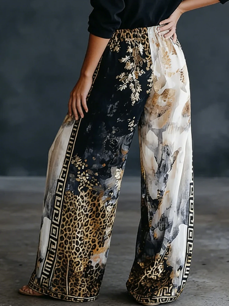 Spring Summer Casual Chic Trousers Streetwear Holiday Simple Women's High Elastic Waist Leopard Print Patchwork Wide Leg Pants