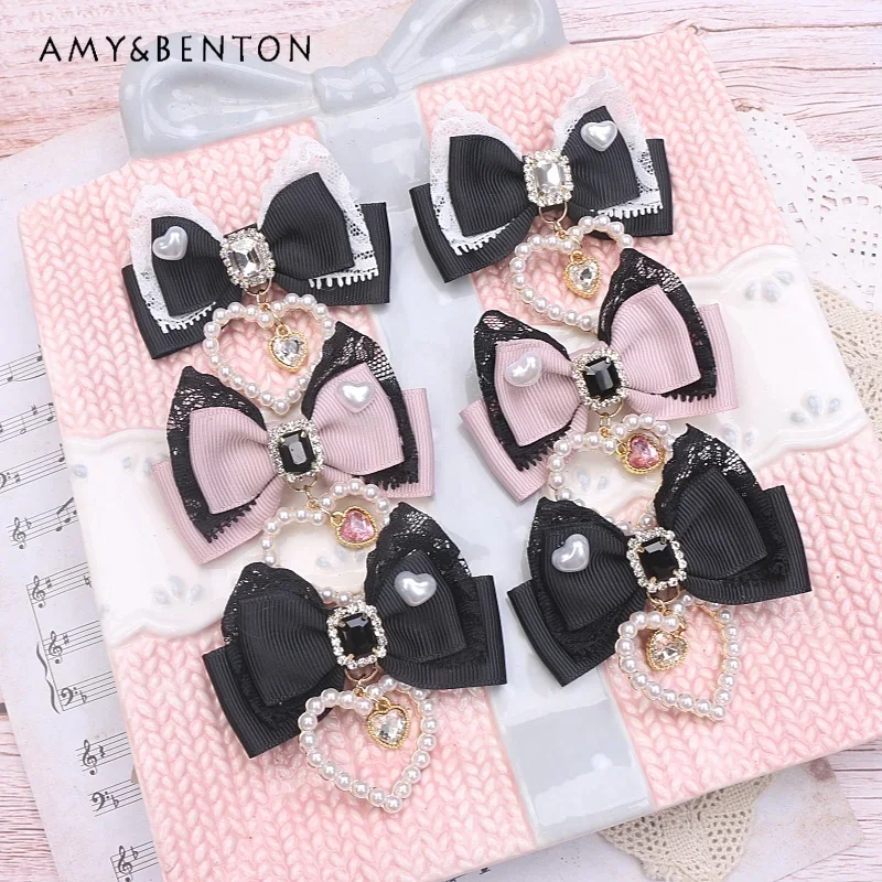 Japanese Mine Mass-Produced Cute Bow Hair Clips Sweet Lace Stitching Pearl Heart Pendant Hair Bows Lolita Girl Hair Accessories