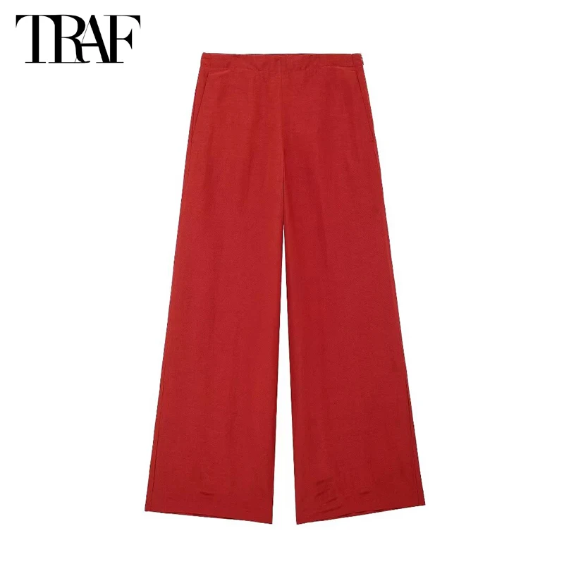 TRAF Red Wide Leg Pants for Women High Waist Baggy Pants Woman Summer Loose Pants Women 2024 Streetwear Casual Woman Trousers