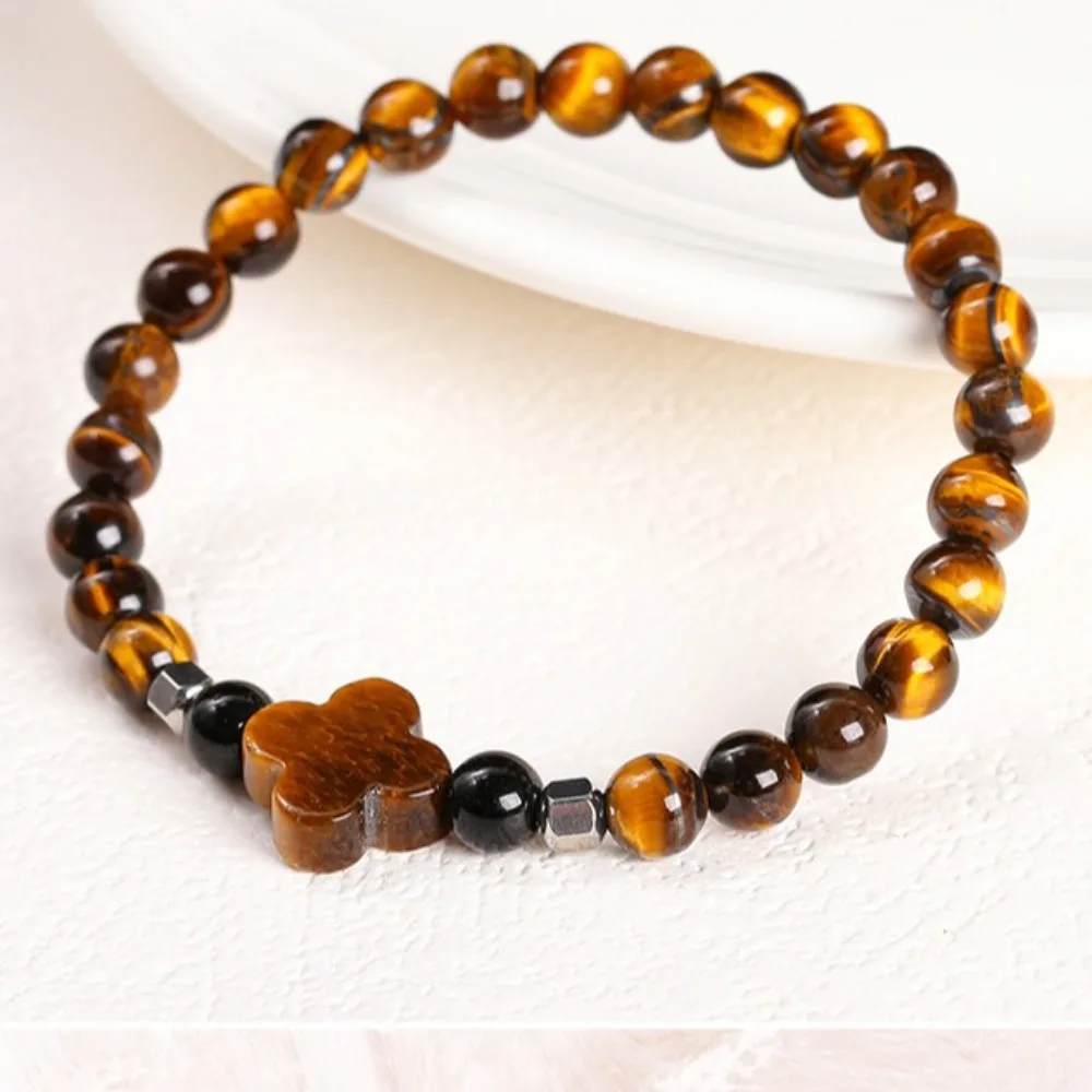 Elastic Yellow Tiger Eye Stone Bracelets Classic Chic Ethnic Beaded Bangle Chinese Style Neo-Chinese Style Lucky Clover Bracelet