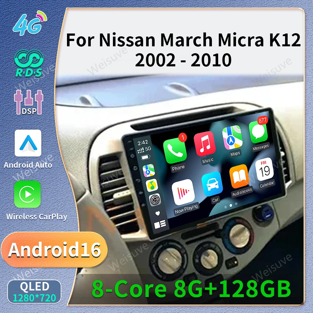 Radio de coche Android 16 para Nissan March Micra K12 2002-2010, estéreo multimedia, WIFI, Carplay inalámbrico, Android Auto, navegación, 4G, BT