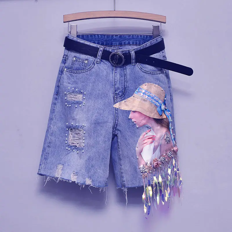 

Модные женские джинсы пять четвертей, облегающие джинсы с кисточками из бисера и высокой талией, прямые брюки, светло-голубые летние модные джинсовые брюки