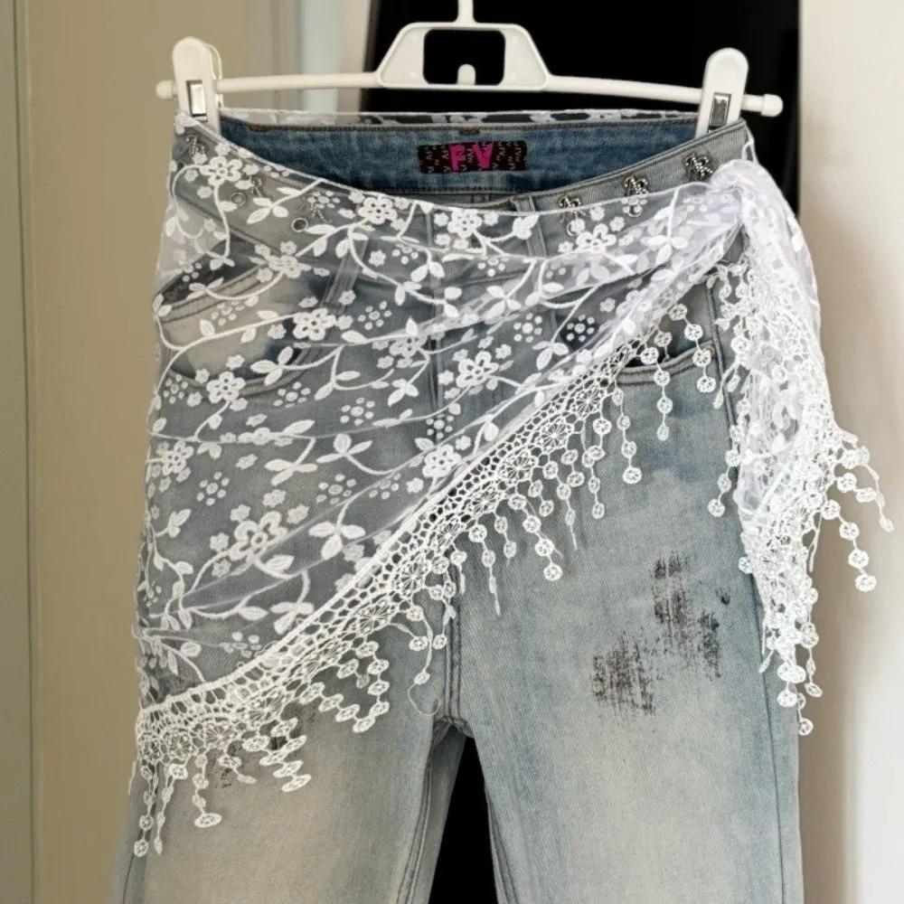 

New Lace Trim Fart Curtain Slim Fit Hollowed-out Triangular Headscarf Skirt Accessories Jeans Decor Tassel Hip Curtain Summer