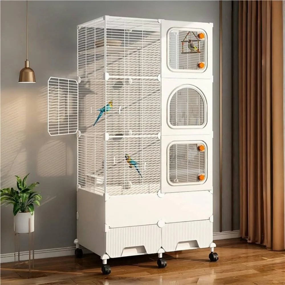 

61 Inch Wrought Iron Large Bird Cage with Rolling and Stand, Extra Large White Bird Cages with Birdhouse for Parrots Conures Lov