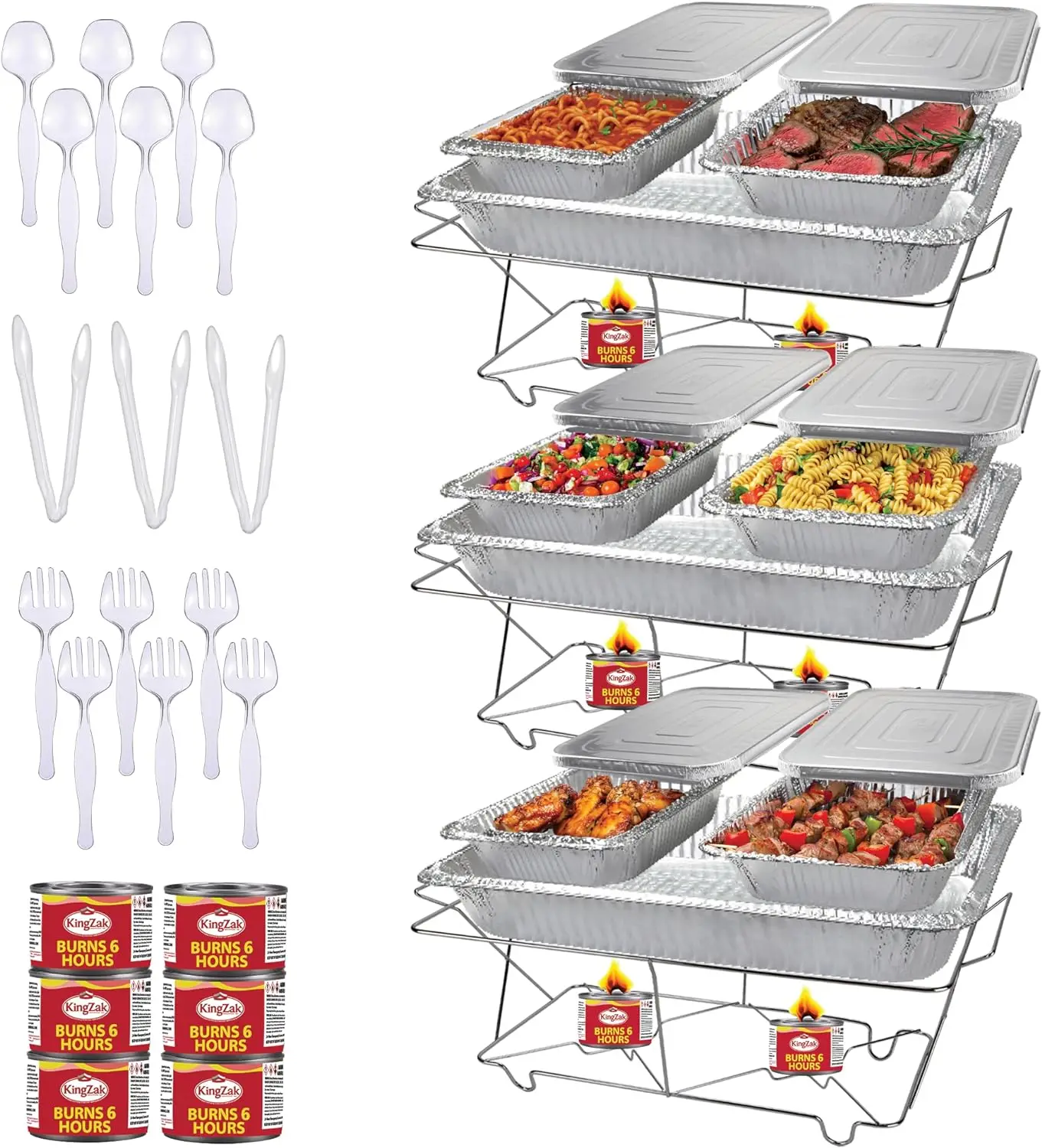 

Full Size 39-Pcs Disposable Chafing Buffet Set with 6hr Fuel Cans, Covers, Serving Utensils - Premium Chafing Dish Set for Cater