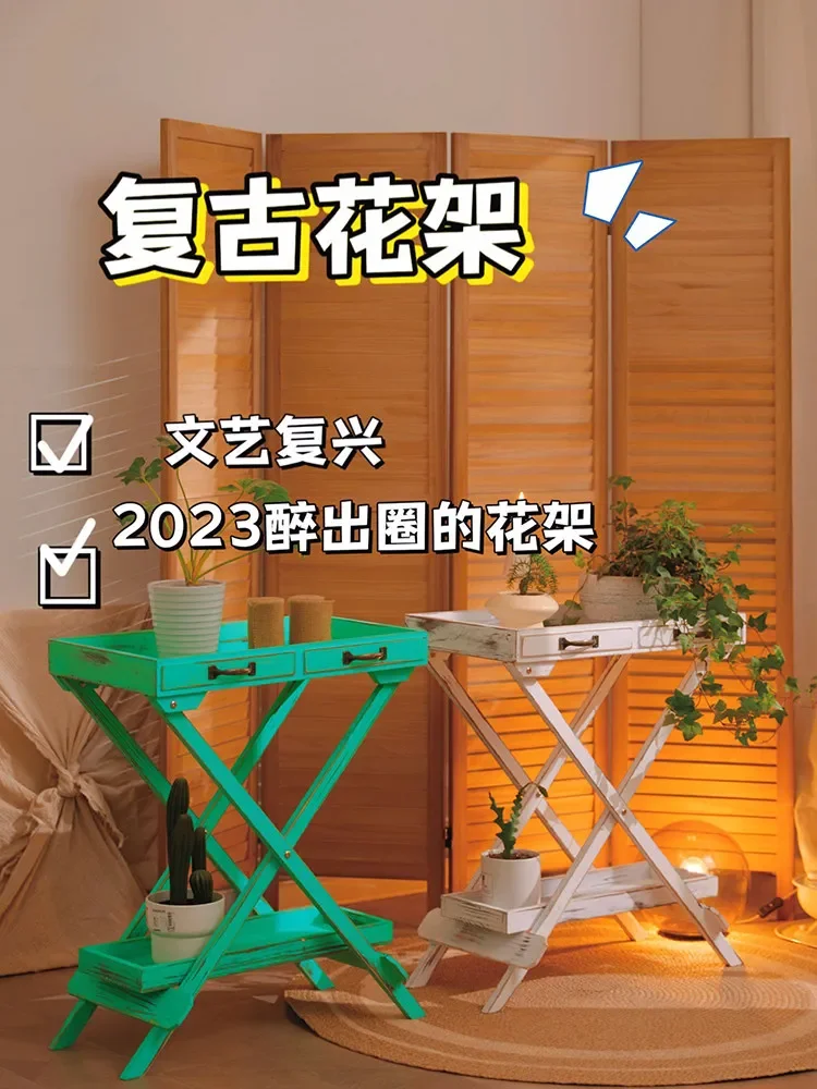 American rural retro indoor balcony solid wood flower stand shelf pastoral floor-to-ceiling double-layer outdoor flower