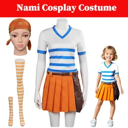Nami Cosplay Adult Kids Costume Anime Live Action TV Pirate Roleplay Outfits Women Tops Skirt Socking Headscarf Halloween Suit