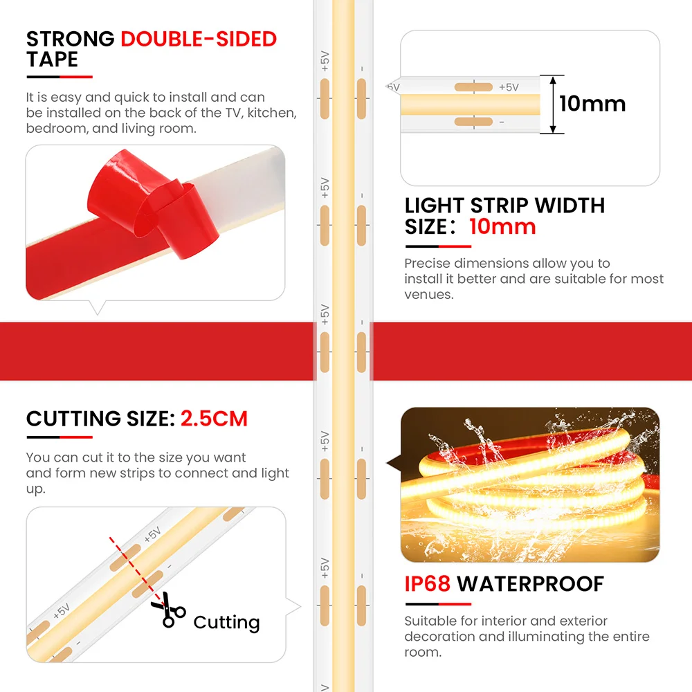 IP68 방수 COB Led 스트립 라이트 모션 센서 5V 배터리 USB 전원 자동 ON/OFF 캐비닛 주방 계단 라이너 조명