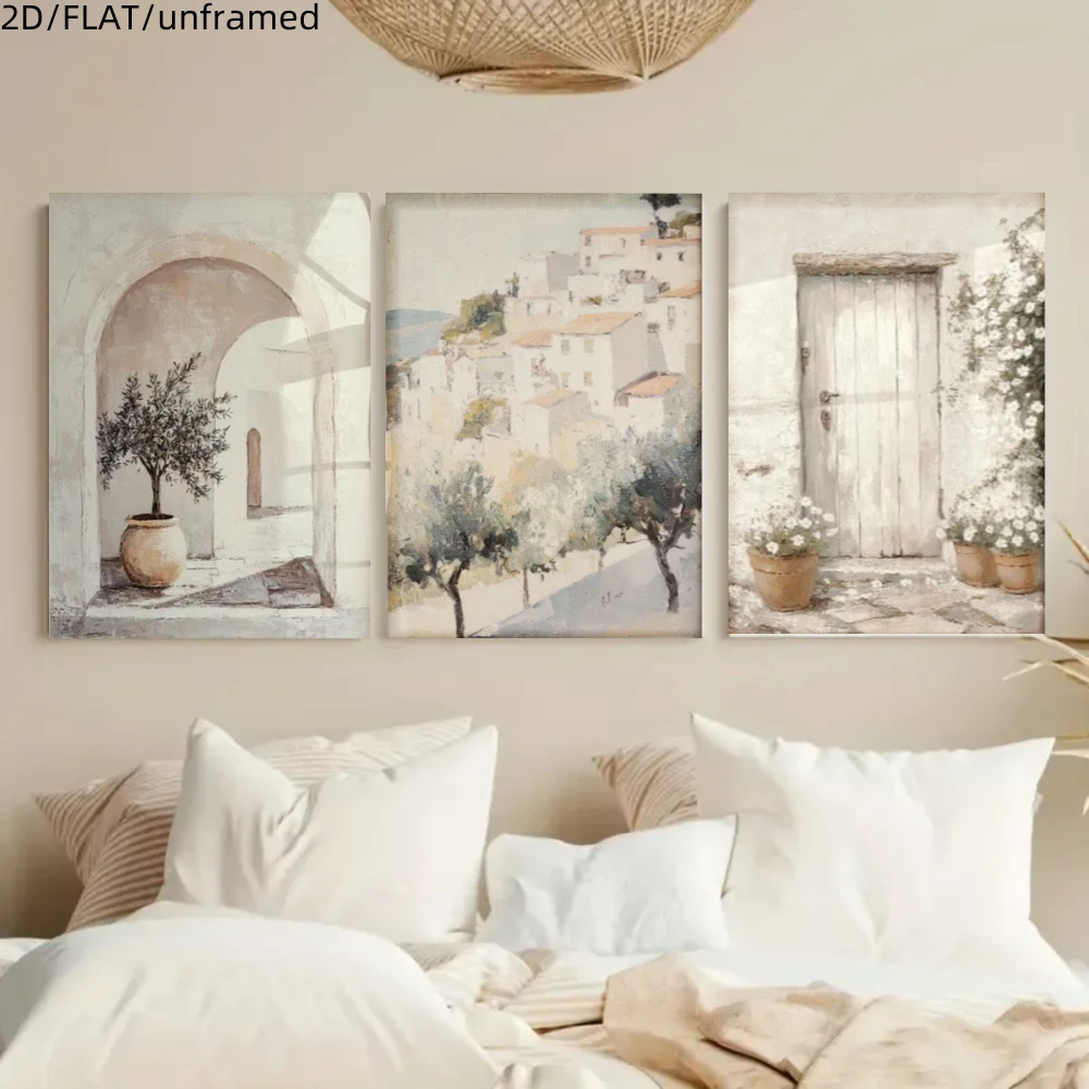 (No frame)2D Flat, 2D Flat, 2D/FLAT Triptych Watercolor Mediterranean Style White Color Scheme Architecture Arch Courtyard Do