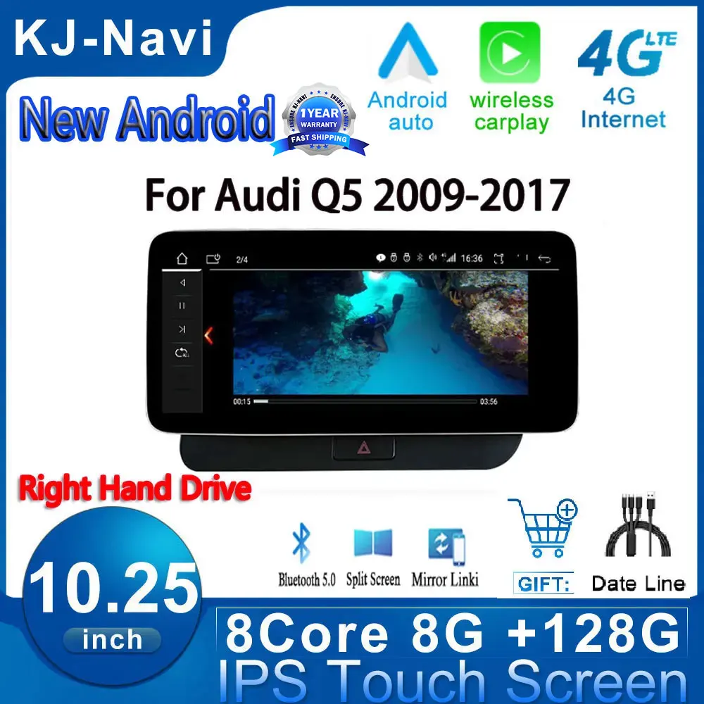 

10.25" RHD Android 14 Car Carplay Auto Multimedia Stereo Navigation Radio For Audi Q5 2009-2017 Android Headunit 4G SIM Lte