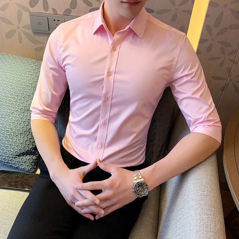 

Casual Summer Oversized Social Shirt Male Slim Pink Men's Dress Shirt Formal Office Wear 4xl Fashion Multicolor Business Wear