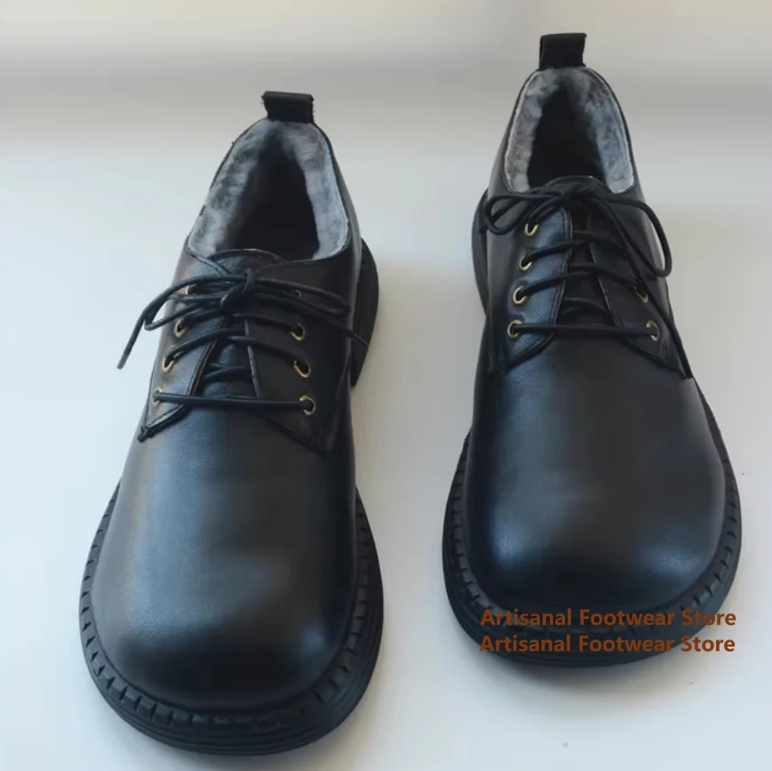 

Low Top Snow Boots Men's Shoes Big Round Toe Black/brown Leather Casual Shoes Thick Soled Wide Toe British Style Cotton Shoes