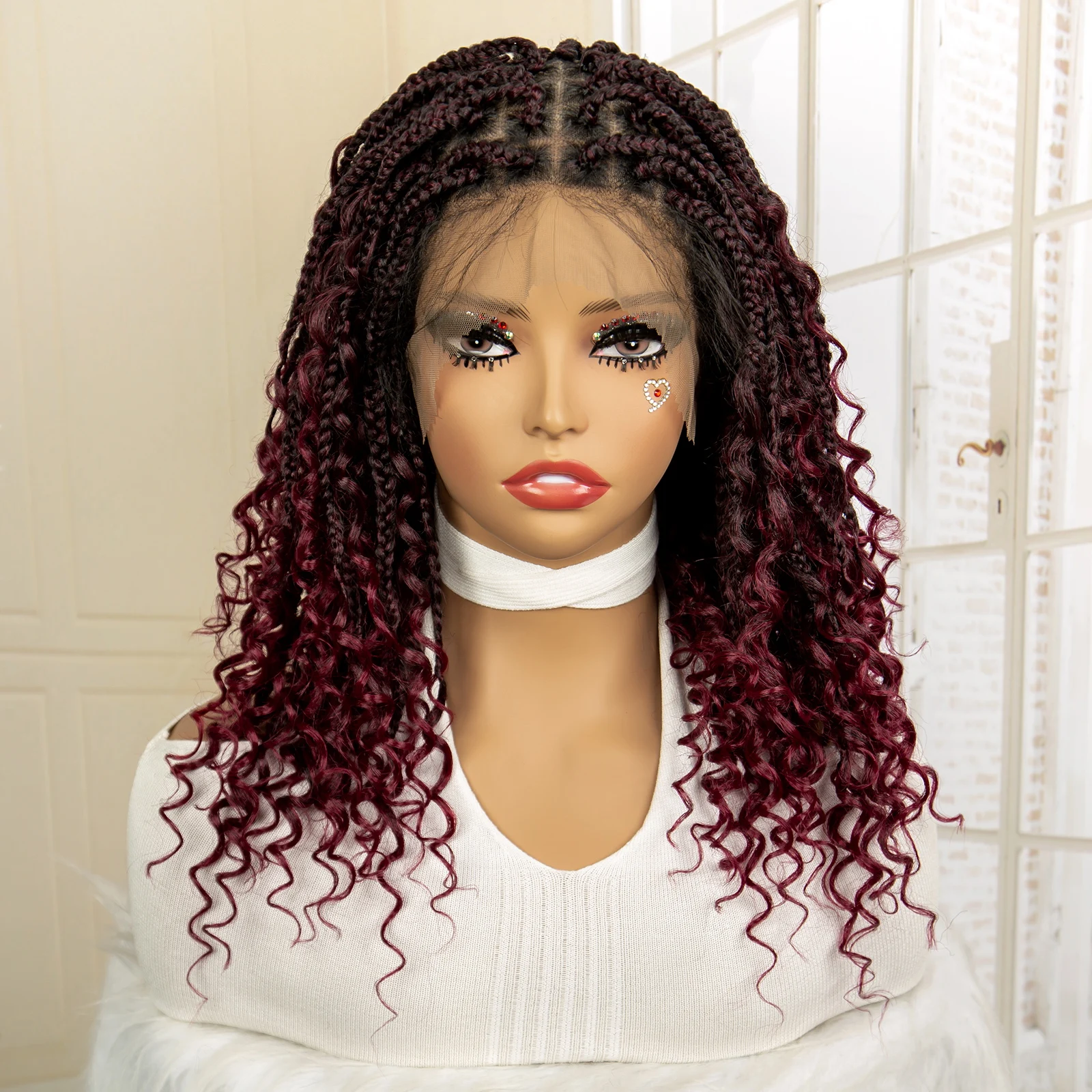 14 Inches Short Burgundy Box Braided Wigs Full Lace Synthetic Boho Braids Wig for Women Ombre Color Braided Wigs