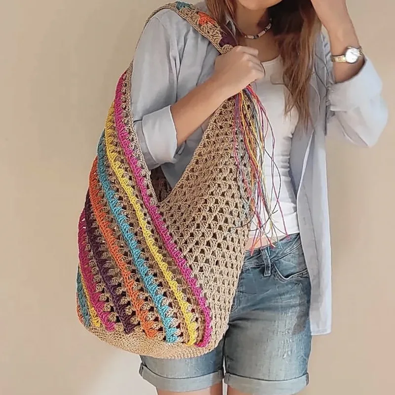 2024 Summer Bohemian Color Striped Straw Bag Hollow Woven Bags for Women Rattan Shoulder Bag Large Hobo Beach Shopper Purses