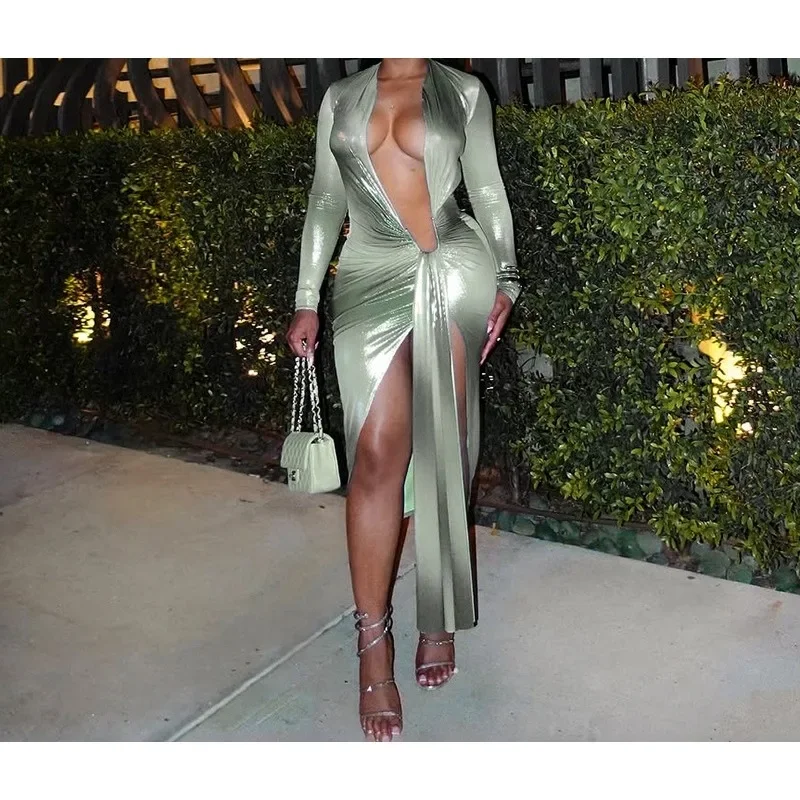 

Shiny Long Dresses Woman Fall 2025 Block Deep Plunge V Neck Metal Straps Maxi Long Sleeve Skirt Metallic Party Clubwear Dress