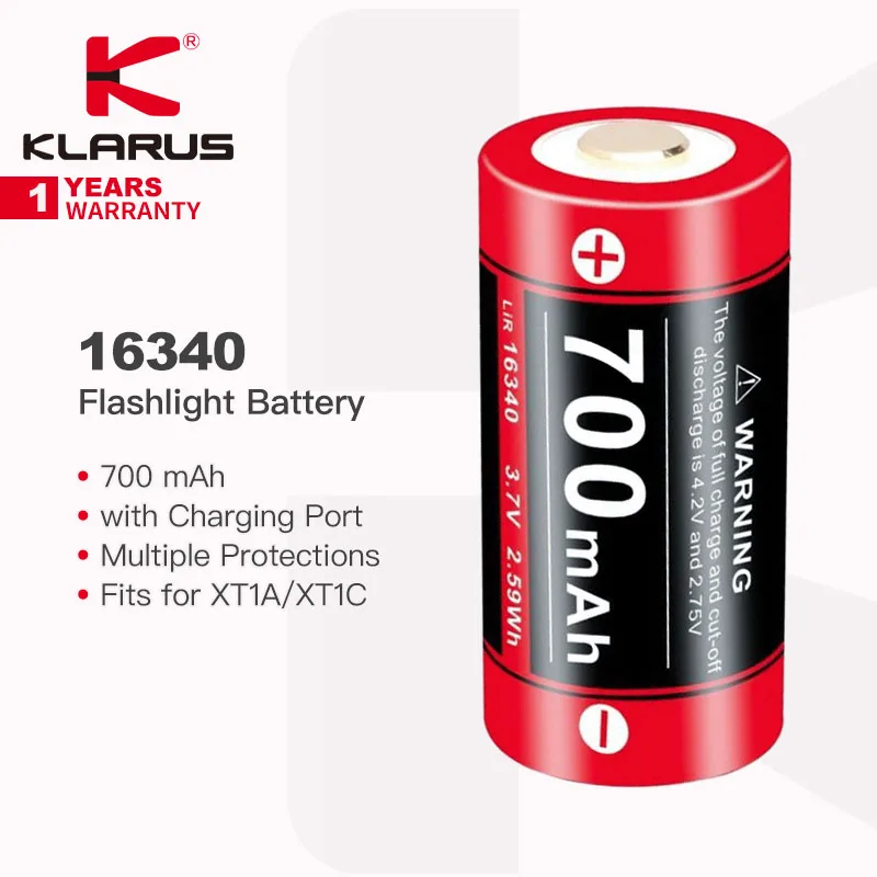 

Klarus 16340 Battery for Flashlight, 700mAh, Continous Discharge, Multiple Protection, Fits for XT1A / XT1C