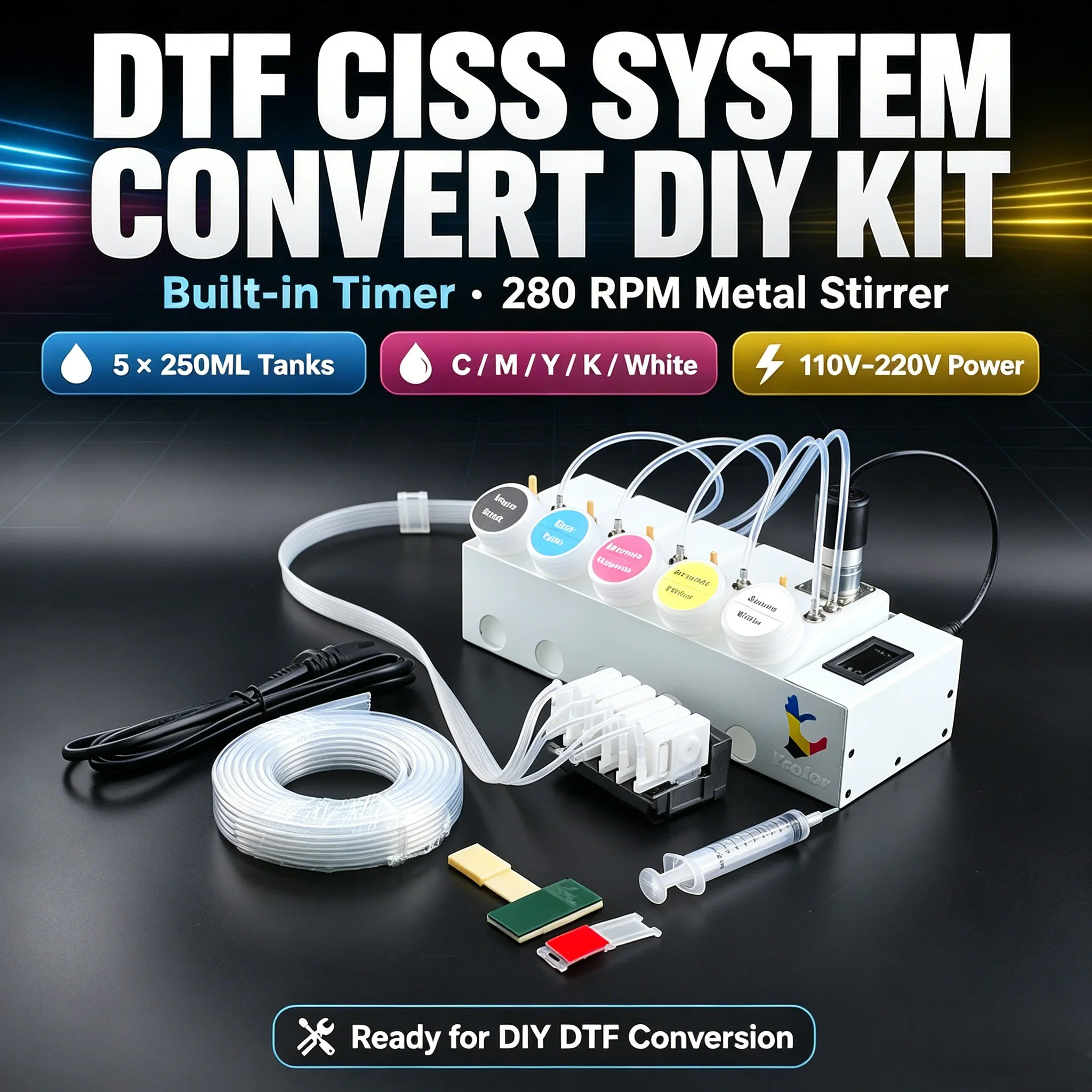 ET8550 250ML DTF CISS Ink System with Printhead Adaptor Manifold Damper Tank Stirrer Timer for Epson L18050 L8050 18100 XP600
