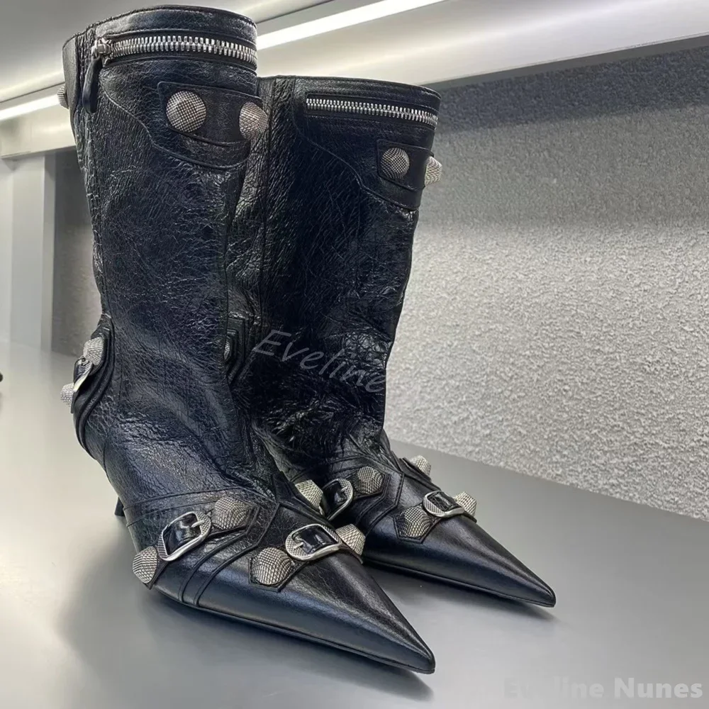 Metal Rivet Kitten Heel Mid-calf Boots Women Pointed Toe Metal Decoration Slip On Black Leather Short Boots Cool Girl Ankle Boot image 2