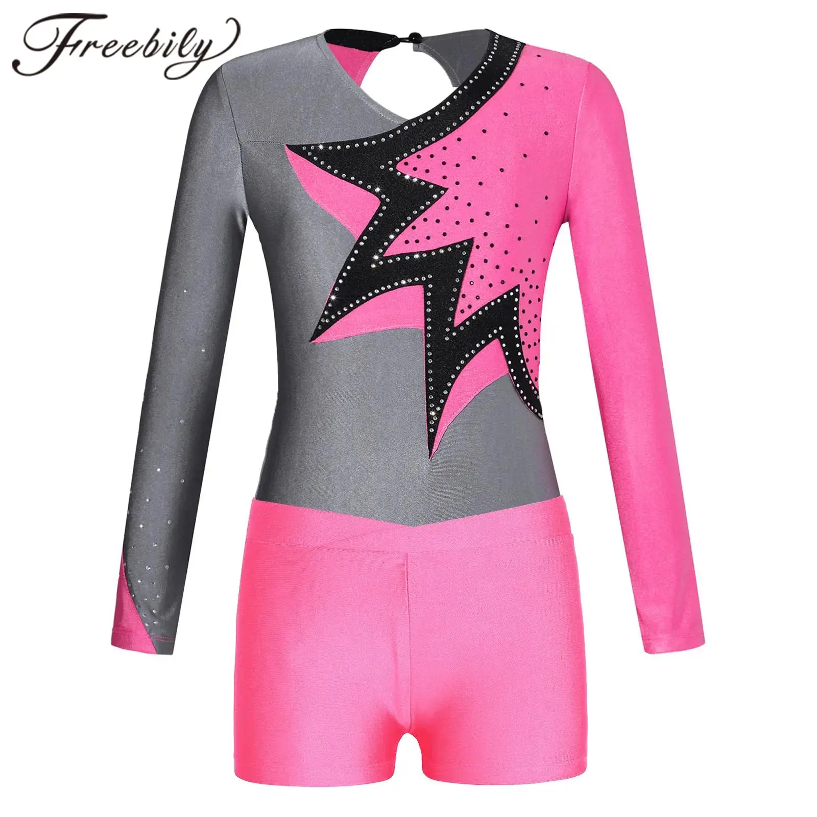 Kids Girls Shiny Patchwork Gymnastics Leotard with Shorts Skating Bodysuit Long Sleeve Dancewear Sets for Dancing Competition