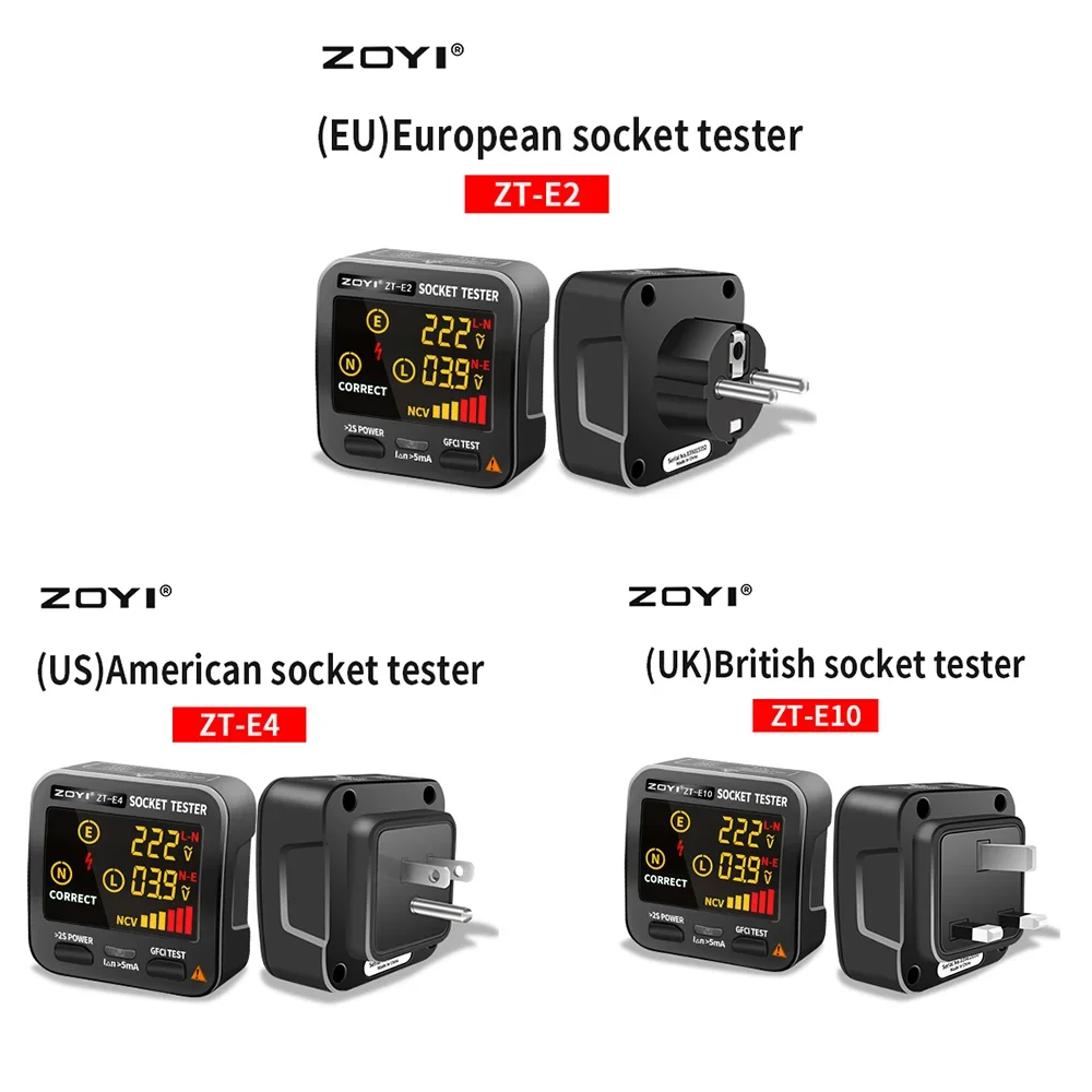 ZOYI  Digital Smart ZT-E4 Socket Tester Voltage Test Socket Detector Ground Zero Line Phase Check Rcd NCV test