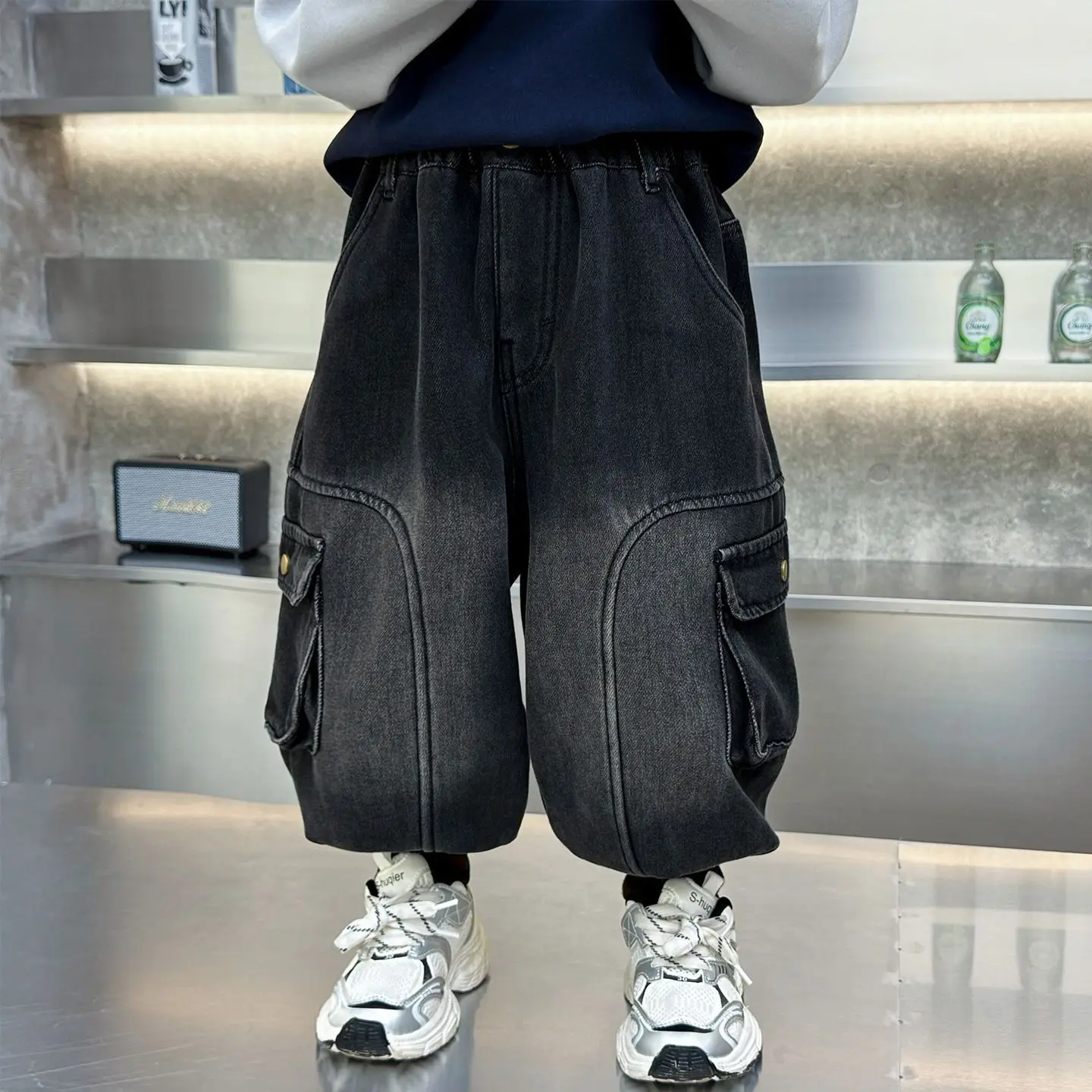 Children Fleece Lined Jeans Thickened Lantern Pants Boys Girls Winter Warm Trousers Kids Casual Denim Pants