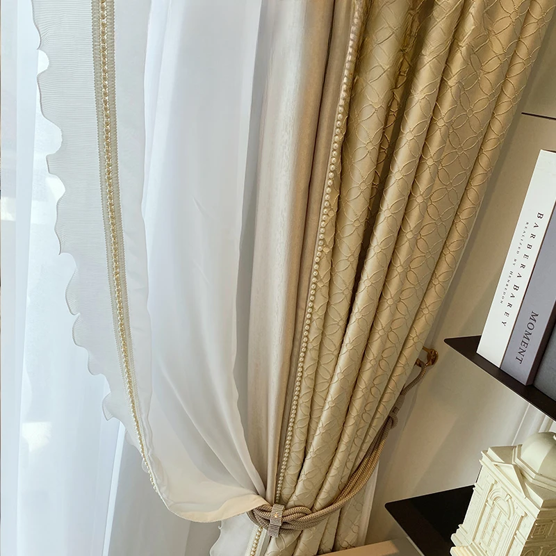 Luxury French Curtain for Living Room Bedroom, High Precision Curtain Cream Colored Pearl Curtain Clover Relief Home Decoration