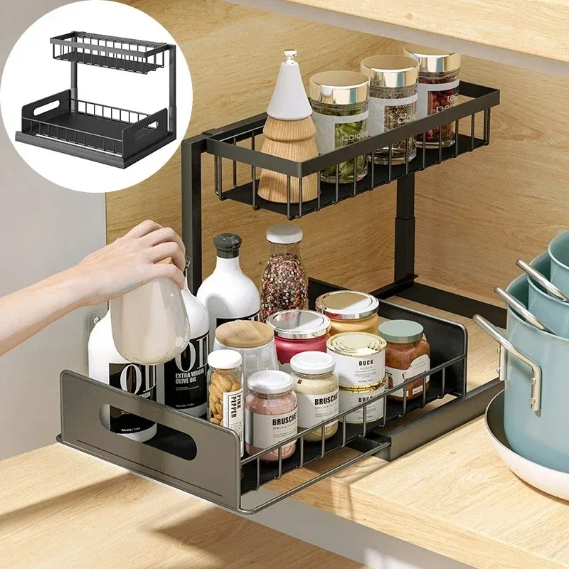 

Pull-Out Under Sink Organizer - No Drill Sliding Cabinet Shelf for Kitchen/Bathroom, Multi-Layer Storage Rack for Supplies