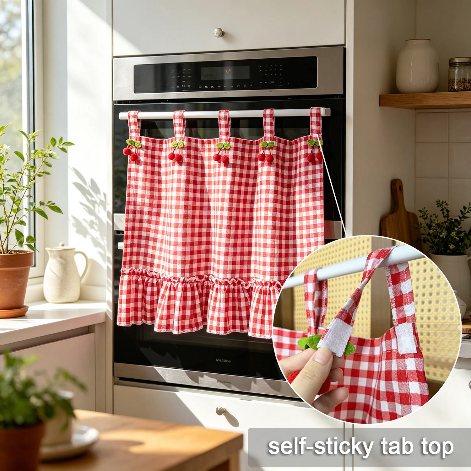 Farmhouse Plaid Oven Door Curtains with Cherry Decor, Self-adhesive Tab Top Kitchen Cafe Curtains with Valance for Home Cabinet