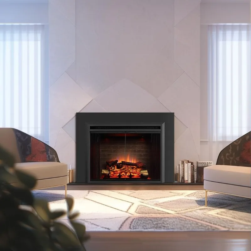 PuraFlame Klaus 33” Electric Fireplace Insert with Trim Kit, Fire Crackling Sound, Resin Log, Glass Door and Mesh Screen