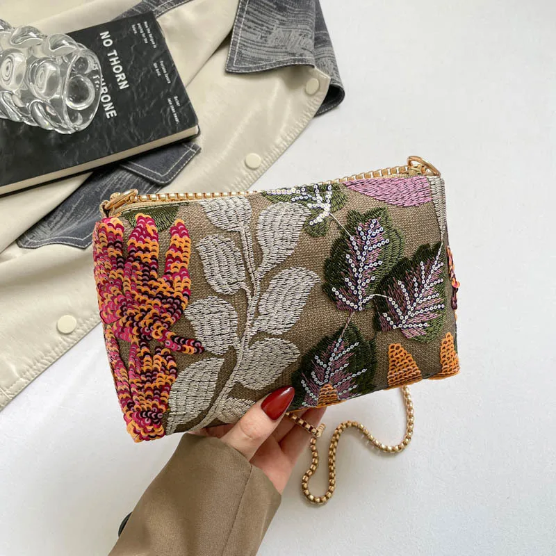 Women Embroidery Sequins Leaf Clutch Bag 2026 Summer Chain Crossbody Bag Vintage Floral Zipper Evening Party Shoulder Handbag