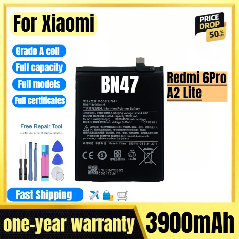 

BN47 for Xiaomi Redmi 6Pro/A2 Lite Mobile Phone Battery High Quality High Capacity Replacement Bateria Grade A Cell with Tools