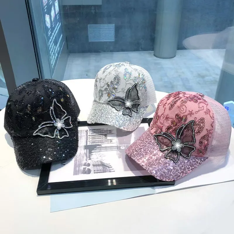 Chapéu de sol feminino de verão com design de borboleta em strass, proteção solar, chapéu plano, chapéu plano estilo Chanel.