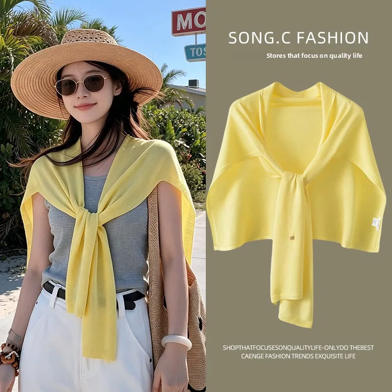 Lightweight Knitted Sun Protection Shoulder Wrap Scarf for Women Versatile Pure Color Outerwear Autumn Warm Air Conditioned Room