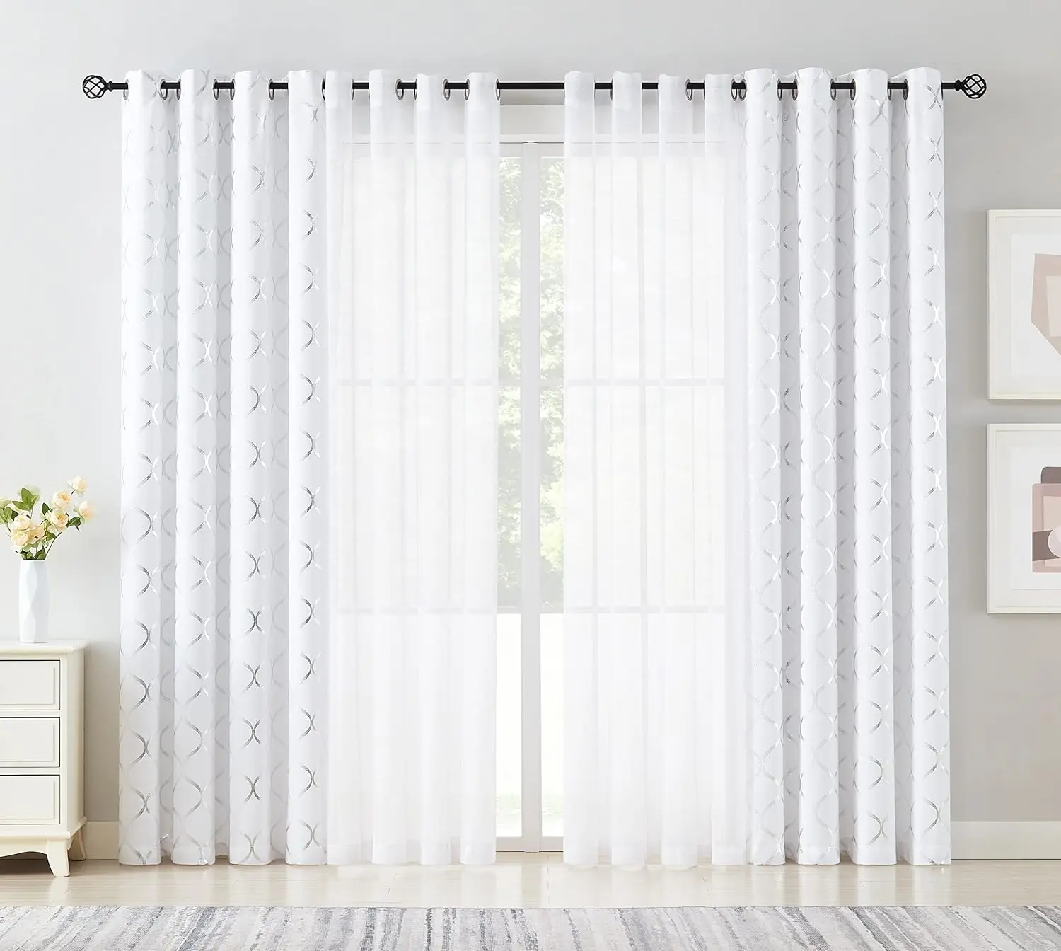 

Bujasso Living Room White Curtains 84 Inch 4 Panels Sets Luxury Mix And Match Moroccan Silver Patterned Blackout And Sheer