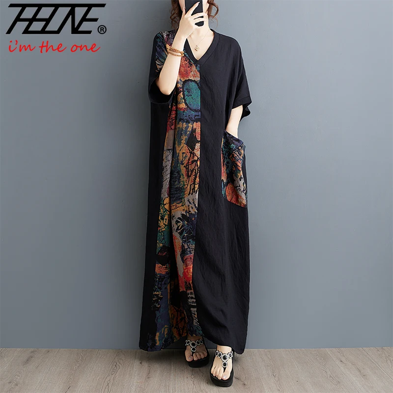 THHONE Summer Dress Women Vintage Loose Print Patchwork Pockets Beach Vestidos De Mujer Casual Bohemian Robe Long Maxi Dresses