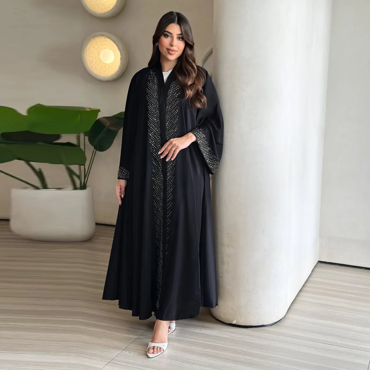 

Elegant Abaya Modest Black Rhinestone Abaya Loose Plus Size Abaya Long Open Front Robe For Women Modest Islamic Evening Gown