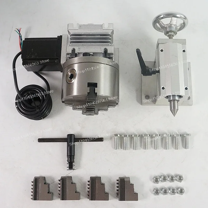 4th Axis Rotary Axis with Tailstock, 3-Jaw/4-Jaw Chuck Optional for CNC Milling Engraving Machine A Axis