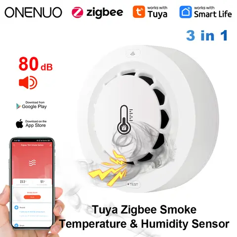 Tuya Zigbe BT 2 연결 연기 감지기 온도 습도 측정 장치 80dB 사운드 알람 원격 푸시 경고 기능
