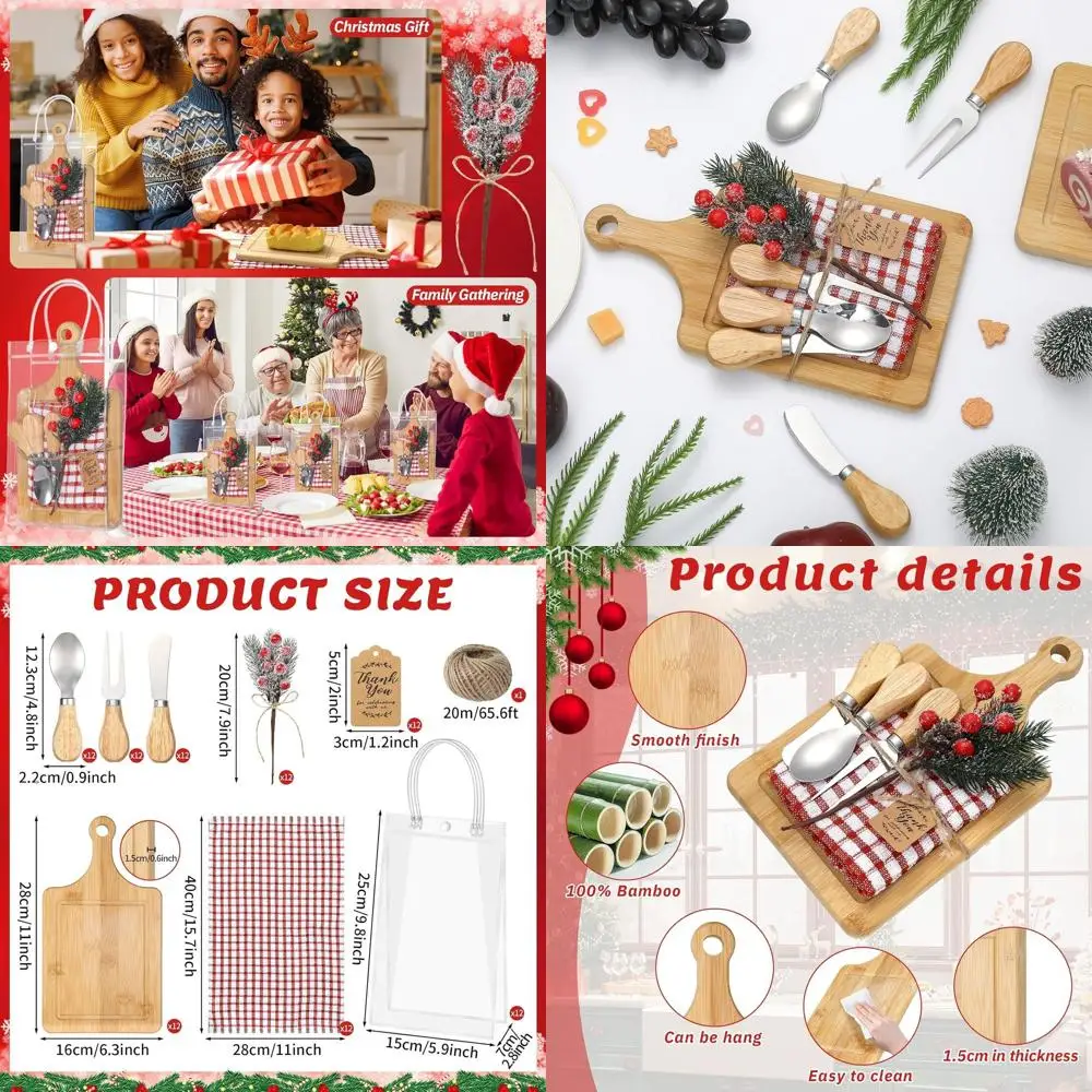 

Bulk Christmas Cheese Boards with Bamboo Set, Cutlery, Plaid Towel, and Thank You Card for Holiday Gifts